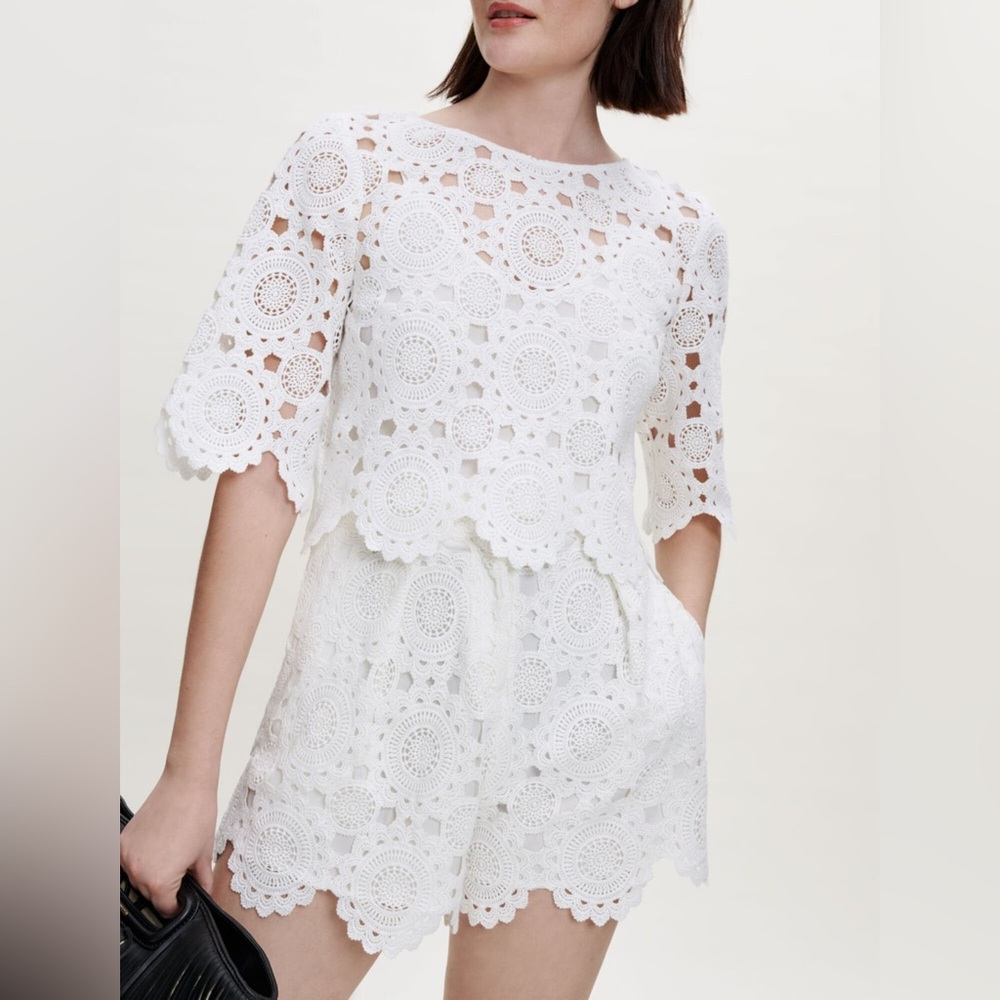 Maje White Crochet Lace Short Sleeve top